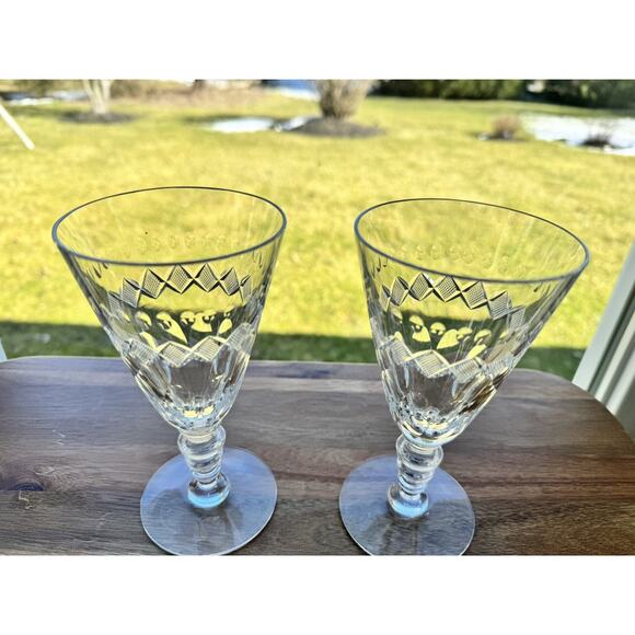 Vintage Hawkes Diamond Cut Glass Stemware 6.5” Tall ~set Of 2 - Picture 3 of 12